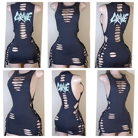Crave Tops - Black Custom Distressed Crave Lace-Up Tank Dress with Graphic Back
